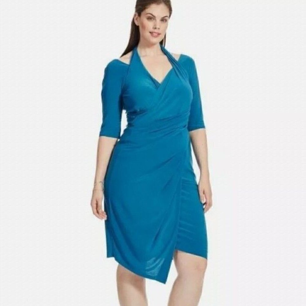 Kiyonna Foxfire Faux Wrap Dress Size 0 10/12 Halter Cut Out Shoulder Back V Neck